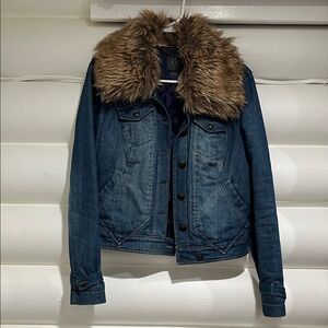 Armani Exchange Blue Jean Jacket with Brown Faux Fur Collar